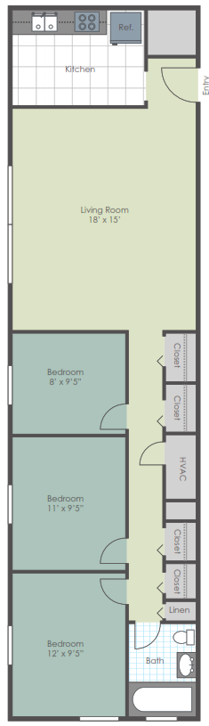 Floor plan for 3 beds, 1 bath, 1088 sqft